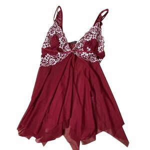 Avidlove Lace Mesh Babydoll Chemise Womens L Burgundy Handkerchief Hem Romantic